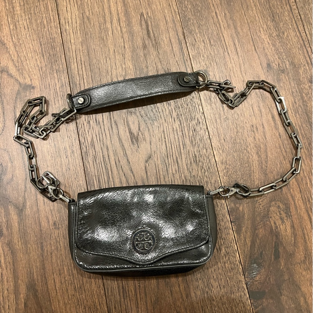 Tory Burch Black Mini Robinson Clutch and Crossbody with Black Chain Strap